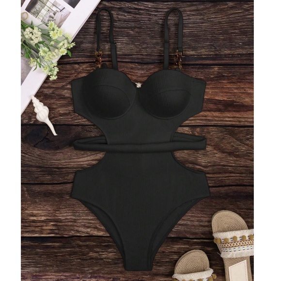 Black Cut out Tie Back Push Up One Piece Monokini Swim - Picture 5 of 6